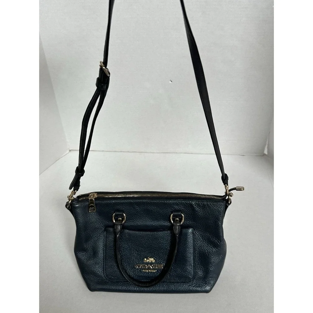 Coach Emma Satchel Pebbled Leather Gold Accents Navy Metallic